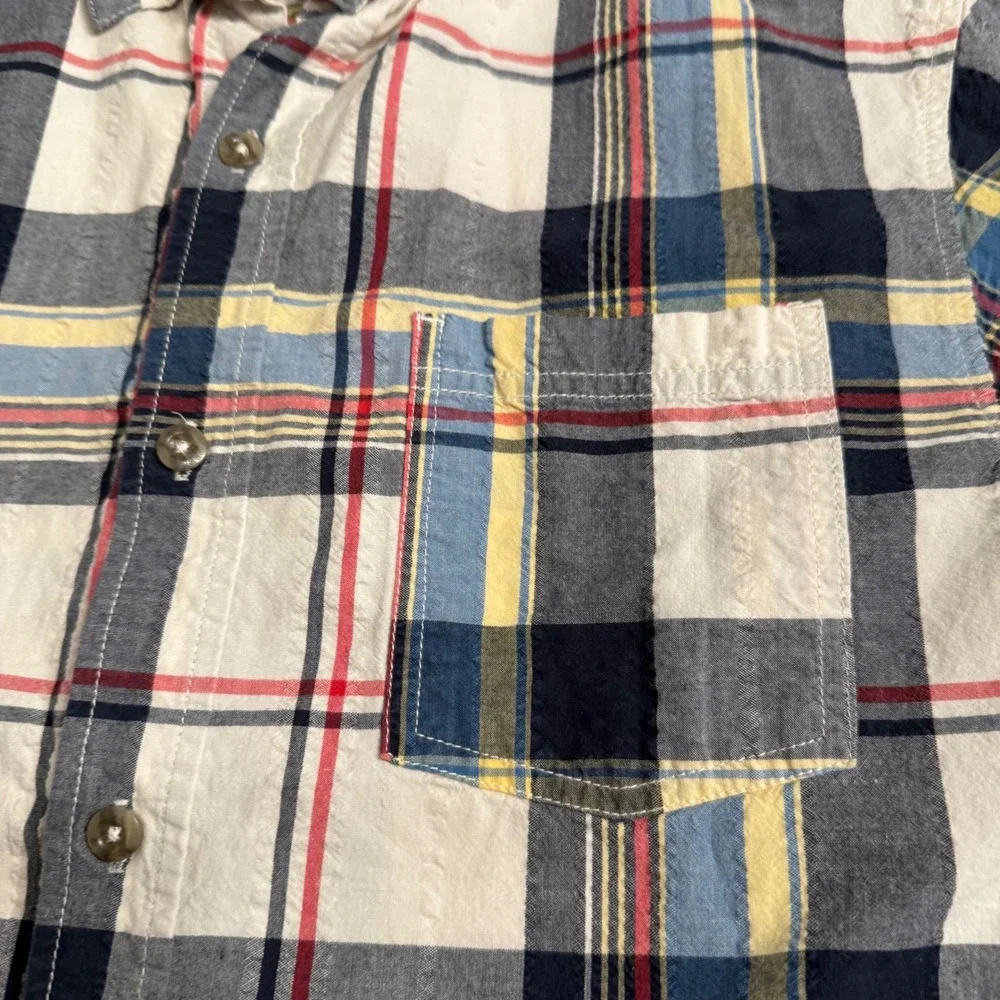 Red Head Brand Co Mens Large Short Sleeve Plaid Button Down Shirt Blue White Red